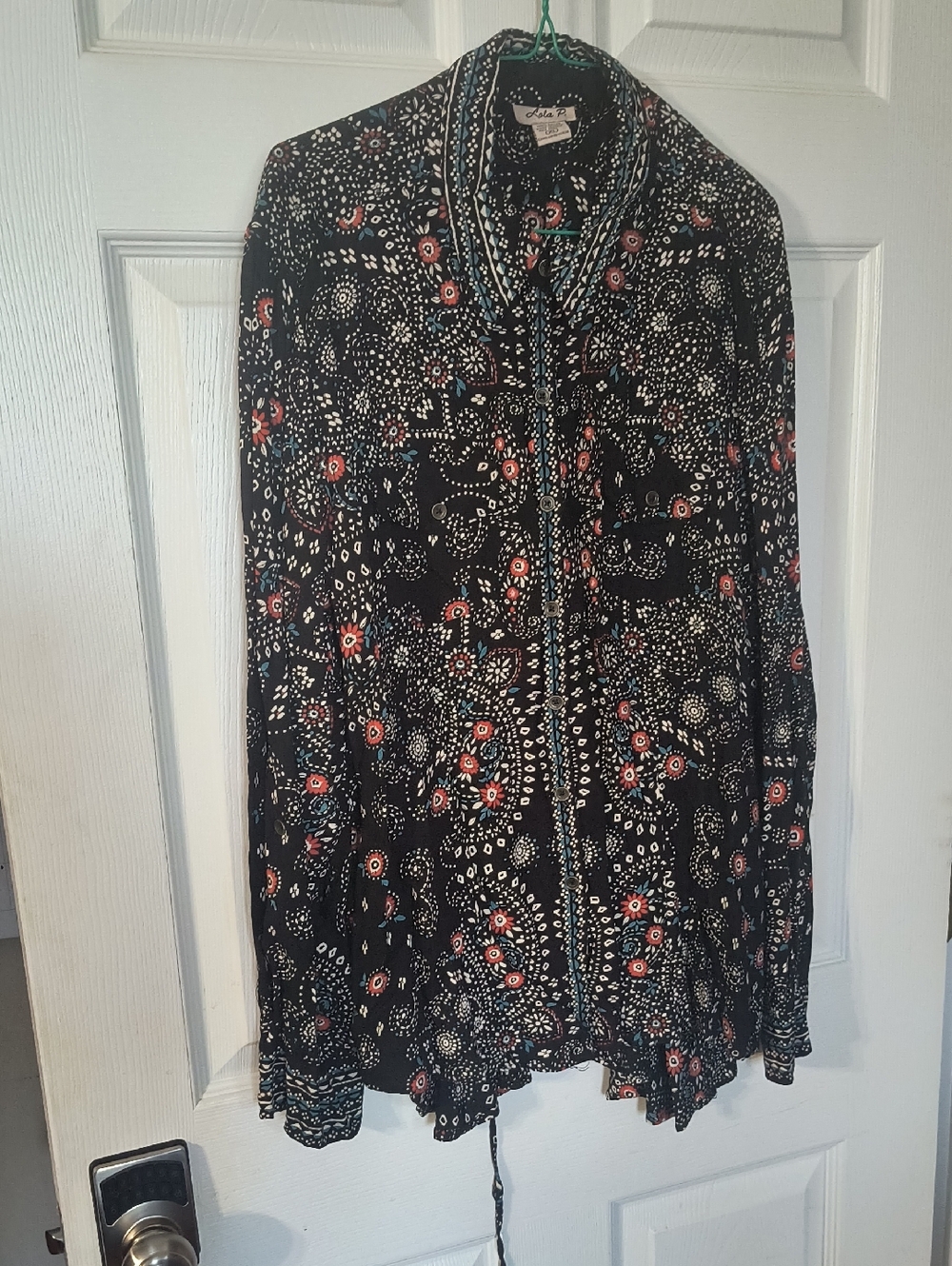 Lola P Black Floral Button Up Blouse with Coral and Cream Accents, Lace Up Back